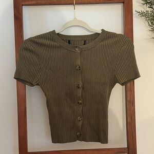 Olive Ribbed Button-Up Women's Top